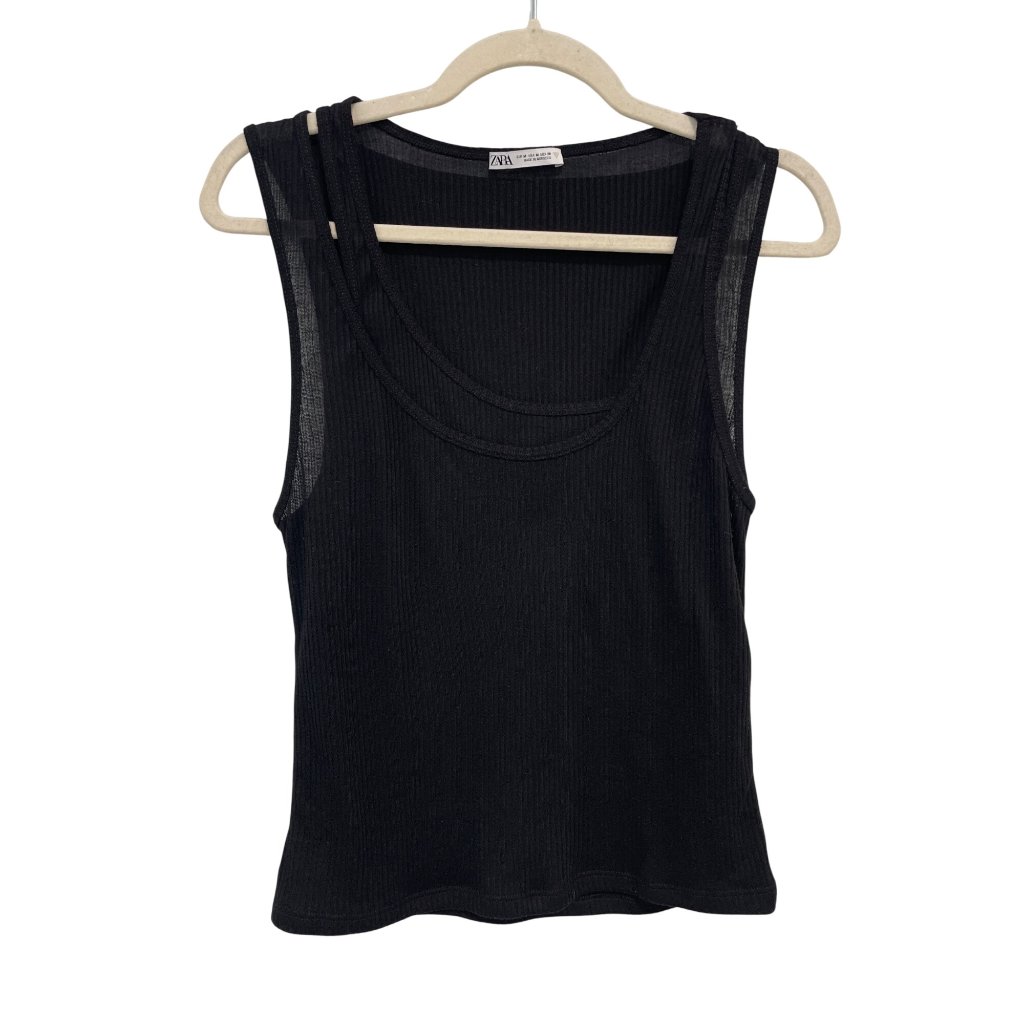 Zara Layered Tank Top Size Medium Sleeveless Scoop Neck Solid Black Summer Wear